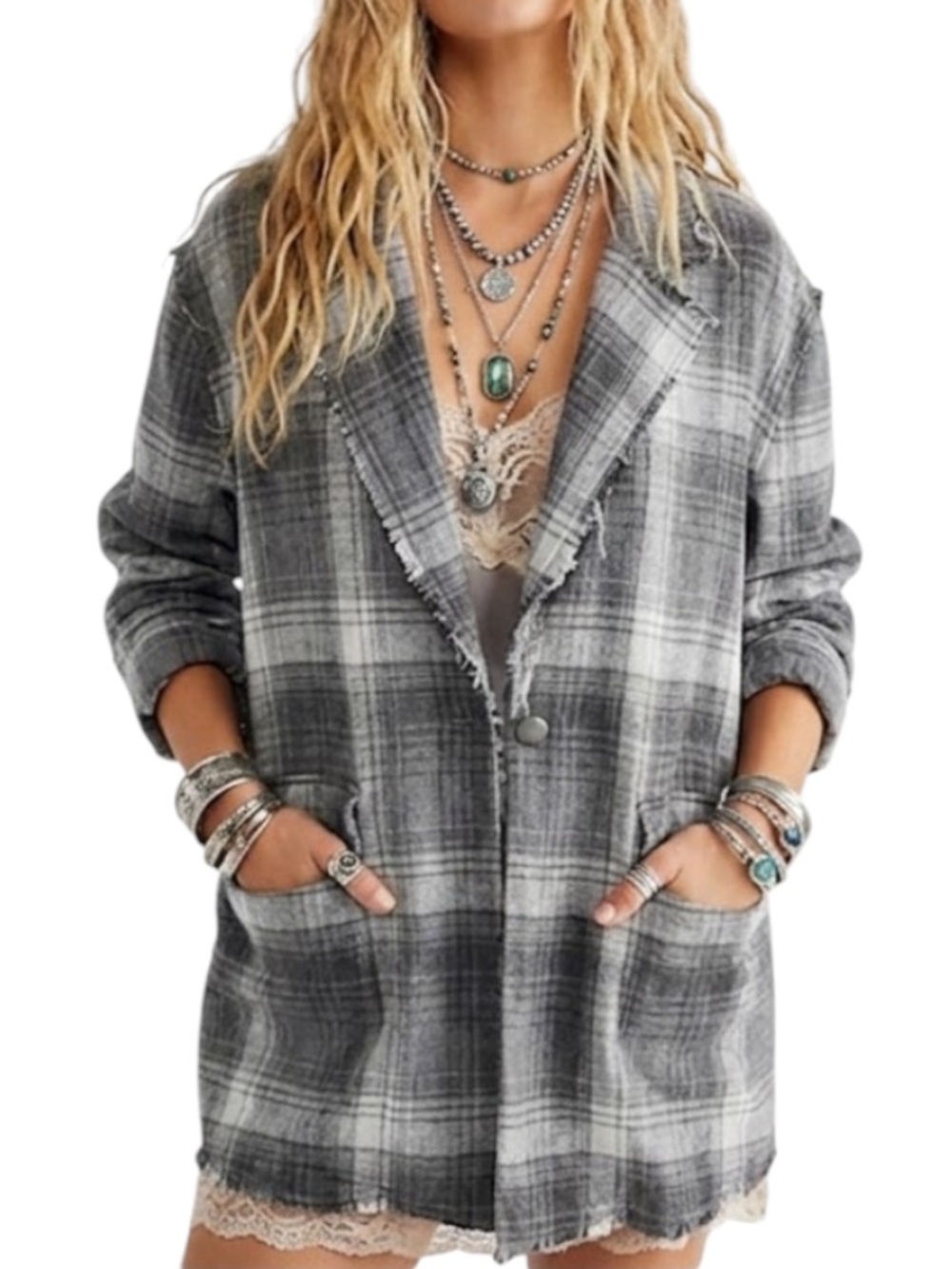 POL Raw Hem Plaid Blazer Jacket Raw Edge Fringe Boho Grunge Size Large